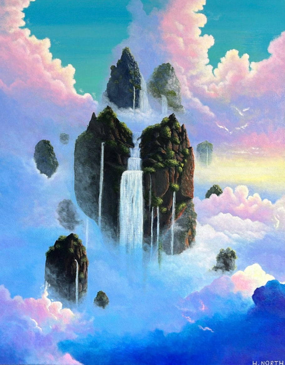 Painting of floating islands with cascading waterfalls in soft pink and blue clouds, symbolising connection, serenity, and dreamlike transcendence.